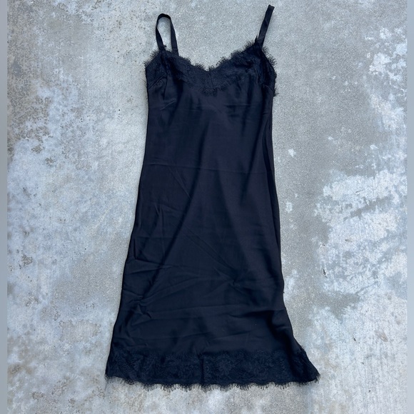 90s Style Black Satin Slip Dress w/Lace trim - Picture 1 of 2